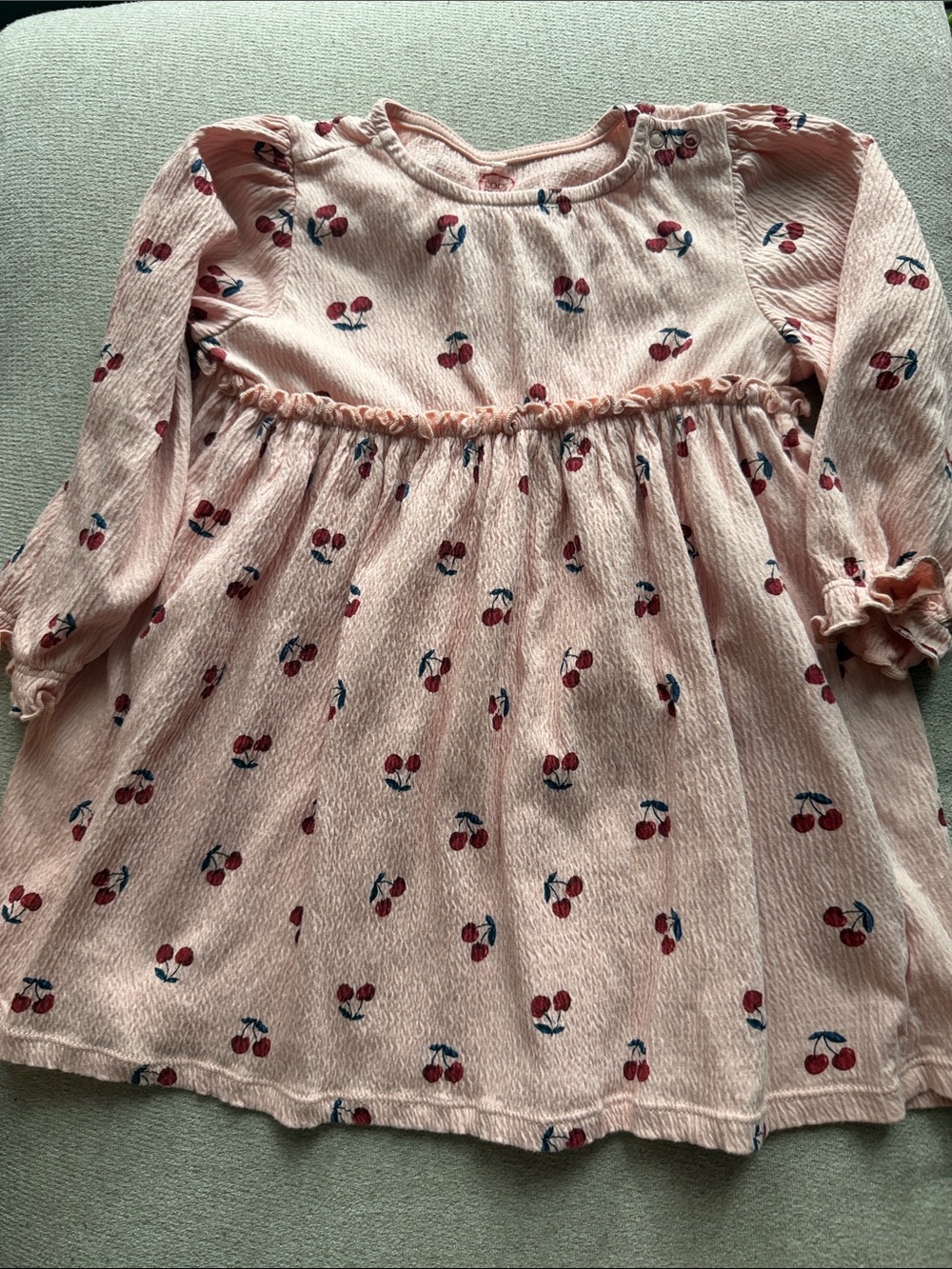 Peach Pink Cherry Print Long Sleeve Dress